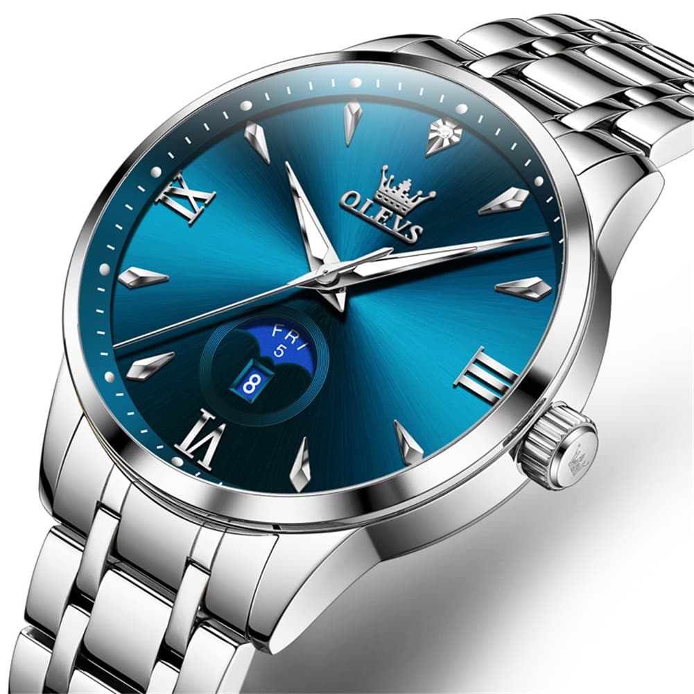 OLEVS 3646 Diamond Mirror Calendar Quartz Watch for Men - Silver Blue Watch | Olevs Watch Store