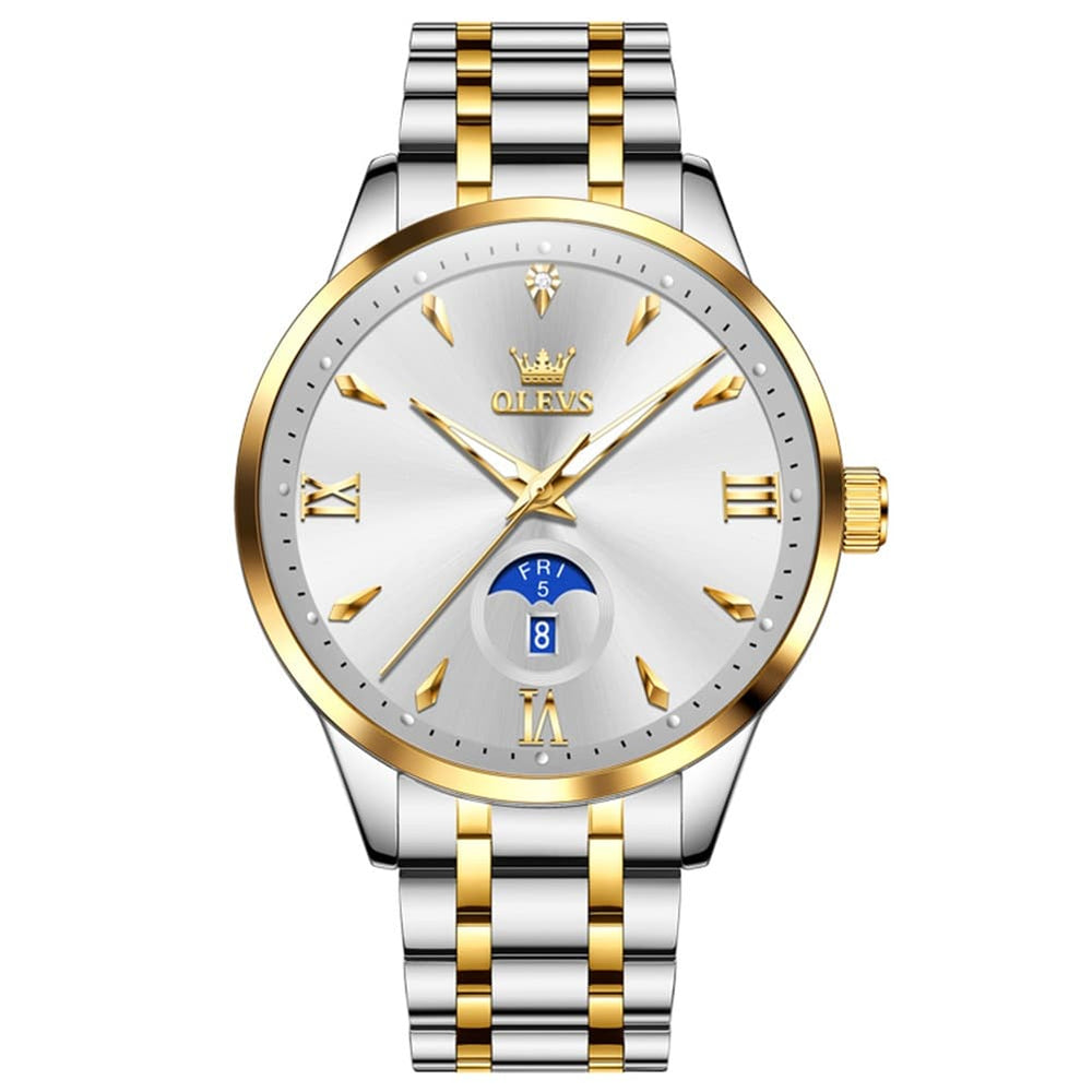 OLEVS 3646 Diamond Mirror Calendar Quartz Watch for Men - Two Tone White Watch | Olevs Watch Store