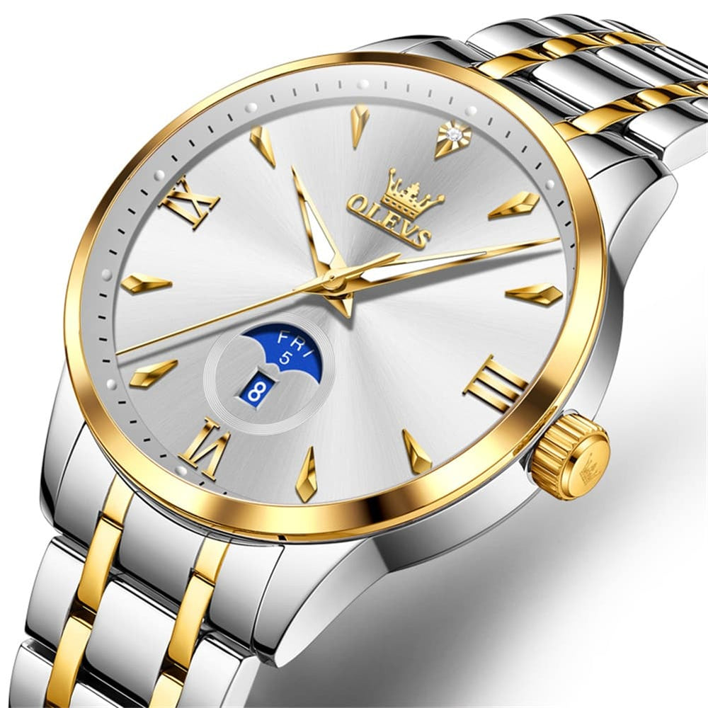 OLEVS 3646 Diamond Mirror Calendar Quartz Watch for Men - Two Tone White Watch | Olevs Watch Store