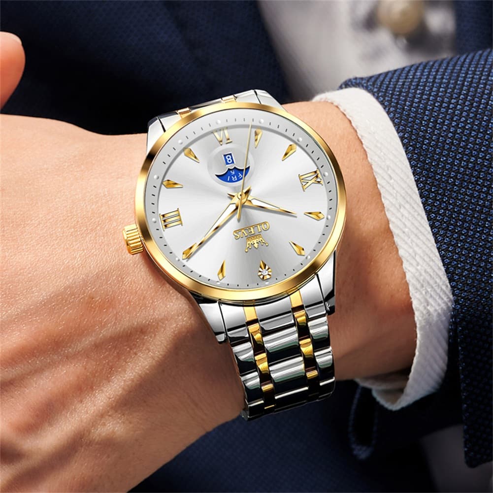 OLEVS 3646 Diamond Mirror Calendar Quartz Watch for Men - Two Tone White Watch | Olevs Watch Store