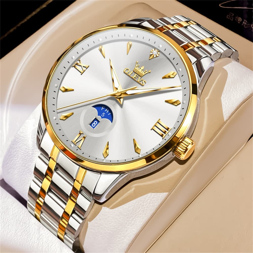OLEVS 3646 Diamond Mirror Calendar Quartz Watch for Men - Two Tone White Watch | Olevs Watch Store