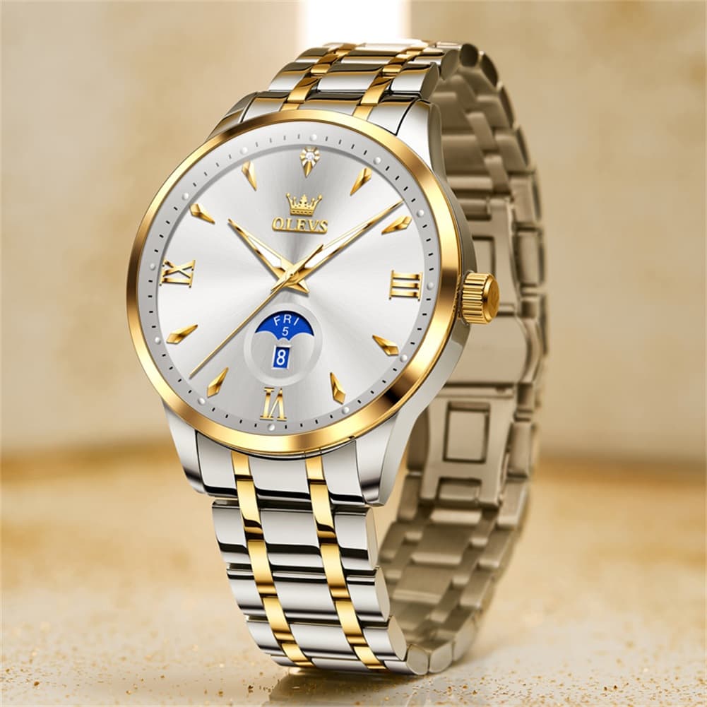 OLEVS 3646 Diamond Mirror Calendar Quartz Watch for Men - Two Tone White Watch | Olevs Watch Store