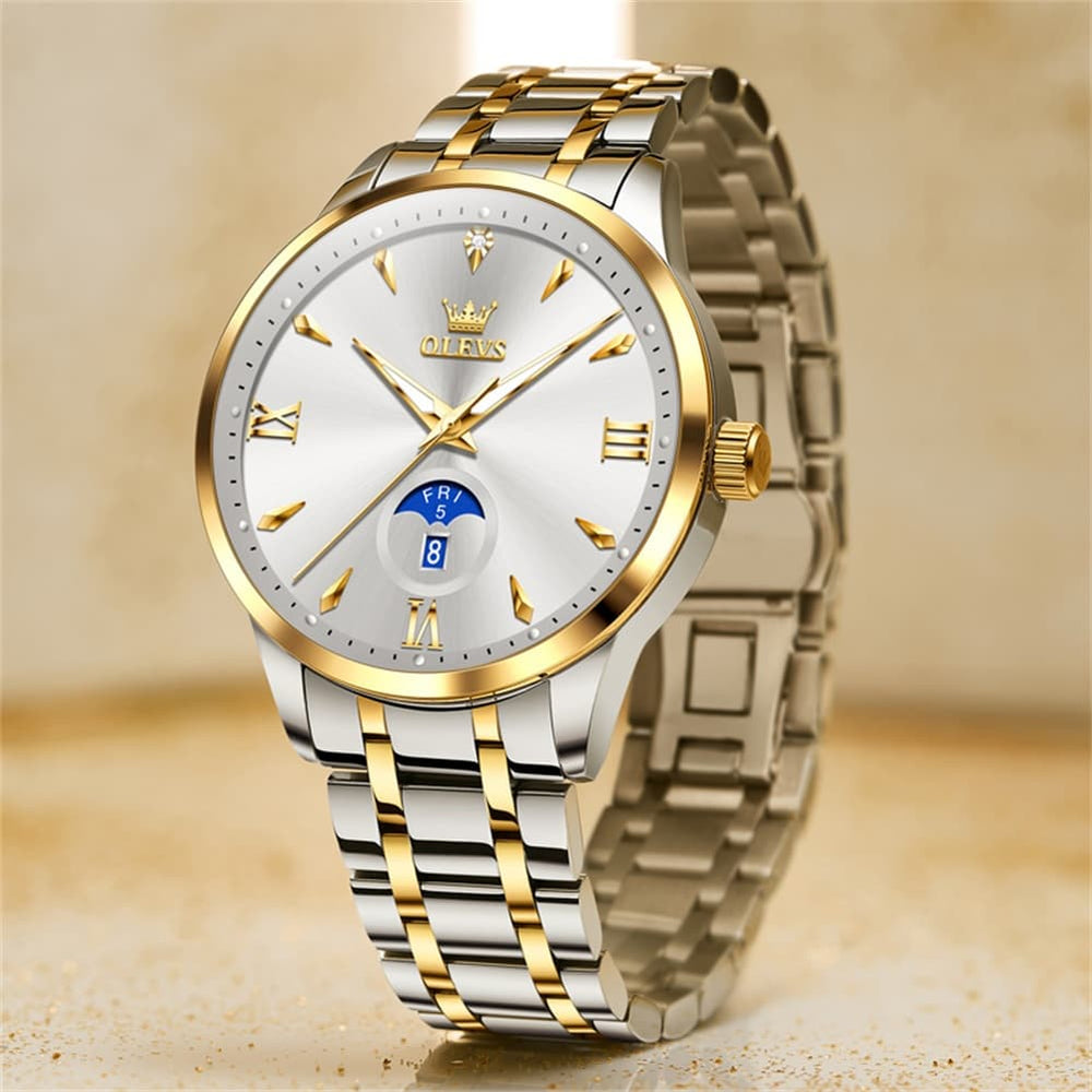 OLEVS 3646 Diamond Mirror Calendar Quartz Watch for Men - Two Tone White Watch | Olevs Watch Store