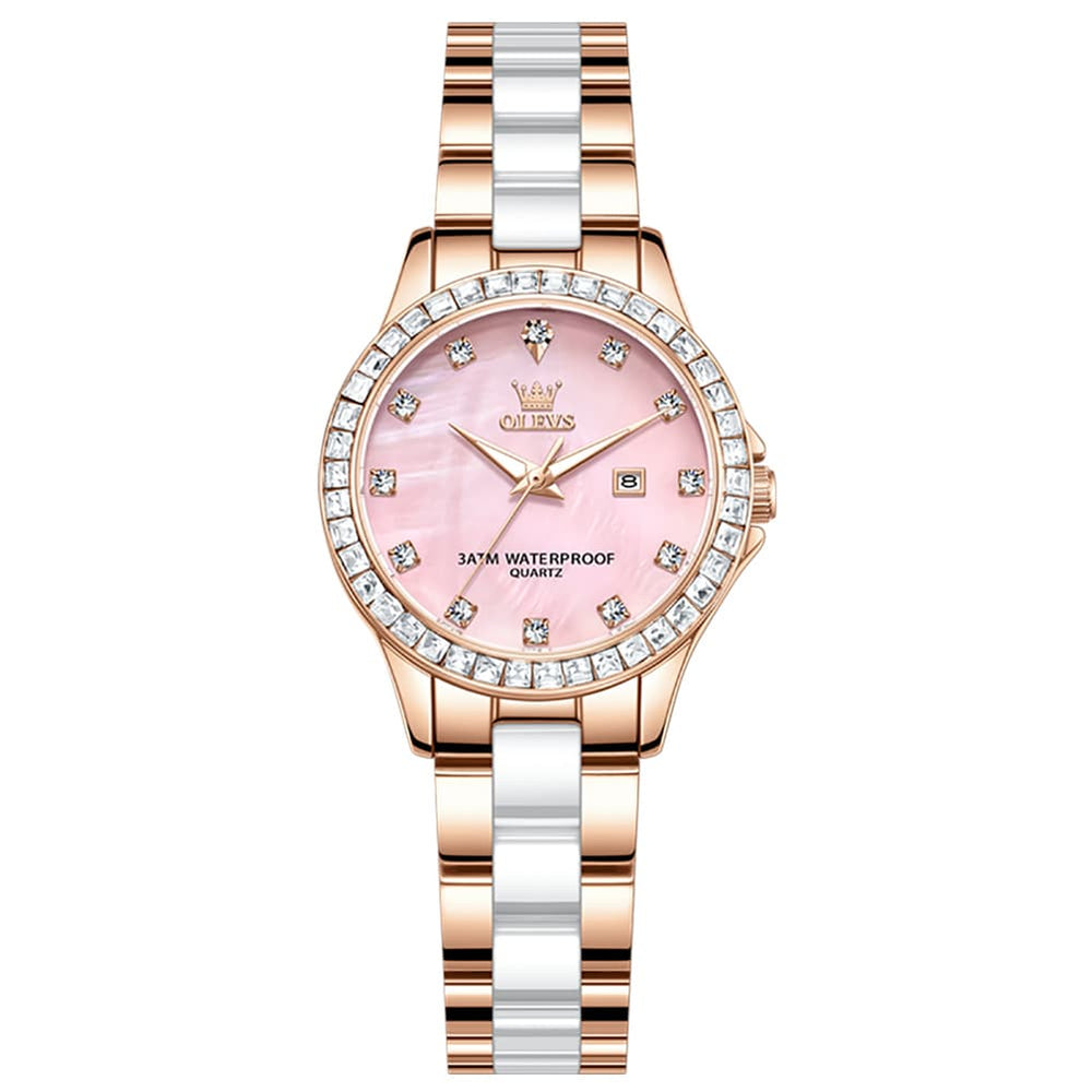 OLEVS 3651 Mother of Pearl Ceramic Crystal Diamond Watch For Women - Silver Mint Watch | Olevs Watch Store