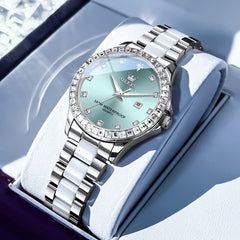OLEVS 3651 Mother of Pearl Ceramic Crystal Diamond Watch For Women - Silver Mint Watch | Olevs Watch Store