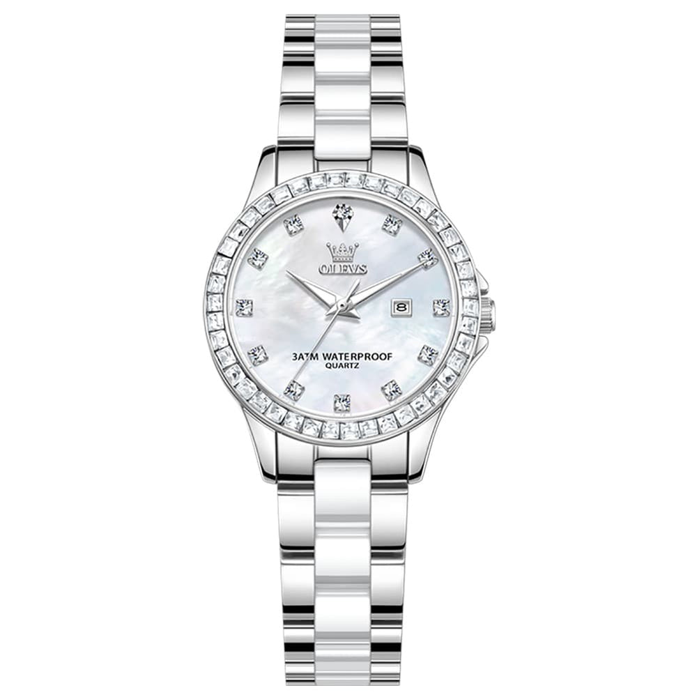 OLEVS 3651 Mother of Pearl Ceramic Crystal Diamond Watch For Women - Silver Mint Watch | Olevs Watch Store
