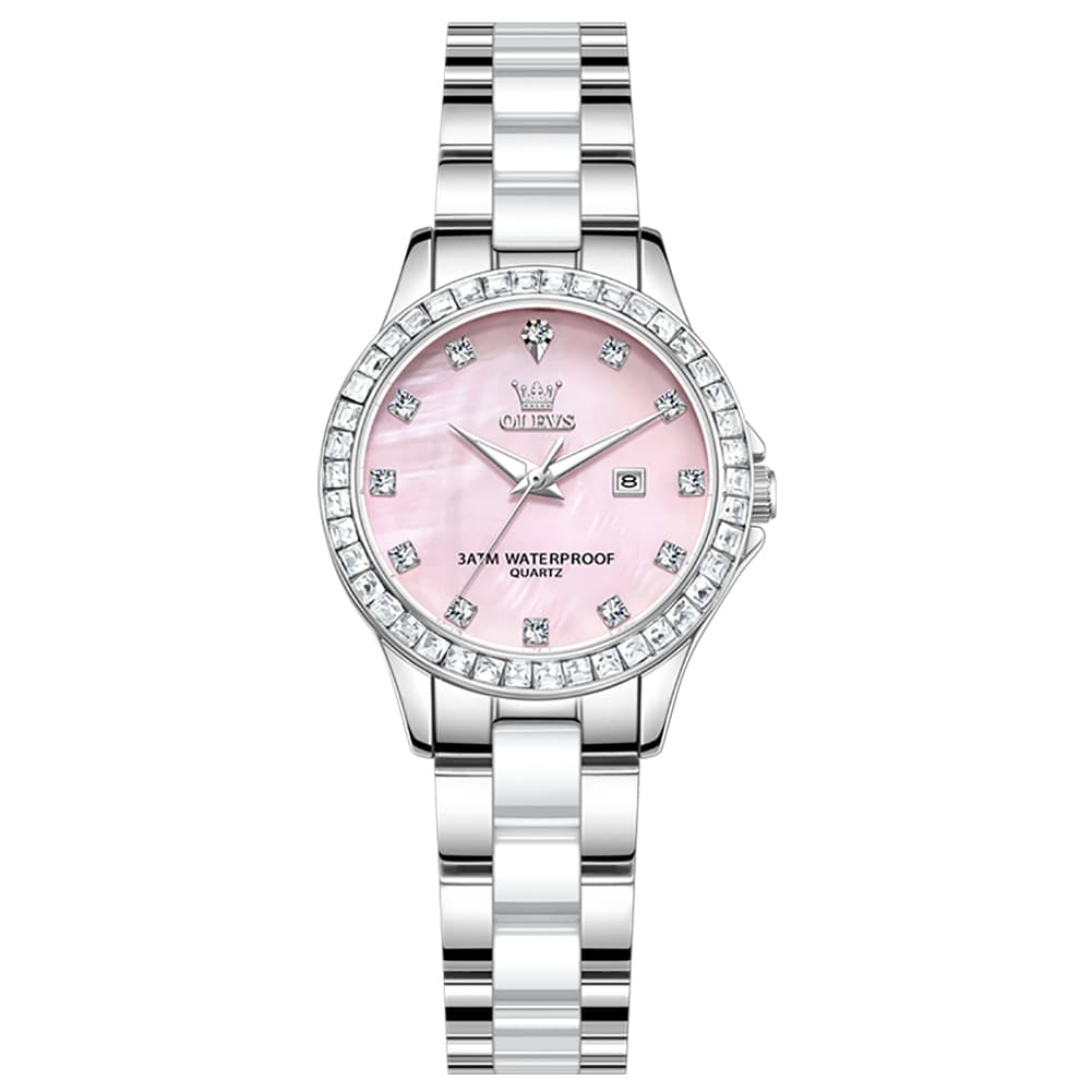 OLEVS 3651 Mother of Pearl Ceramic Crystal Diamond Watch For Women - Silver Mint Watch | Olevs Watch Store