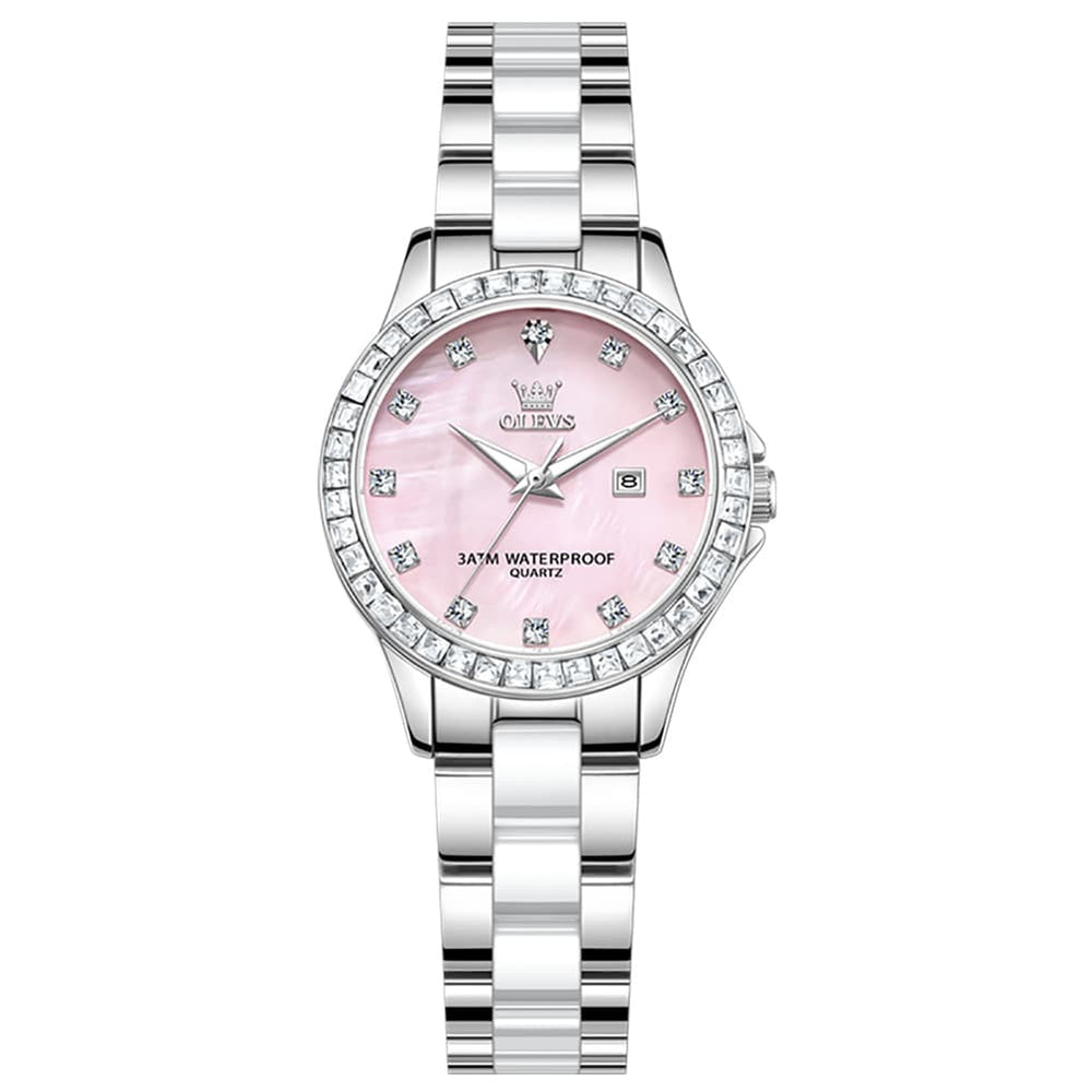 OLEVS 3651 Mother of Pearl Ceramic Crystal Diamond Watch For Women - Silver Mint Watch | Olevs Watch Store