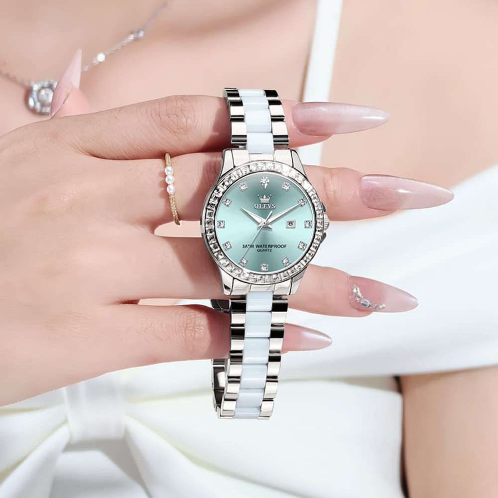 OLEVS 3651 Mother of Pearl Ceramic Crystal Diamond Watch For Women - Silver Mint Watch | Olevs Watch Store