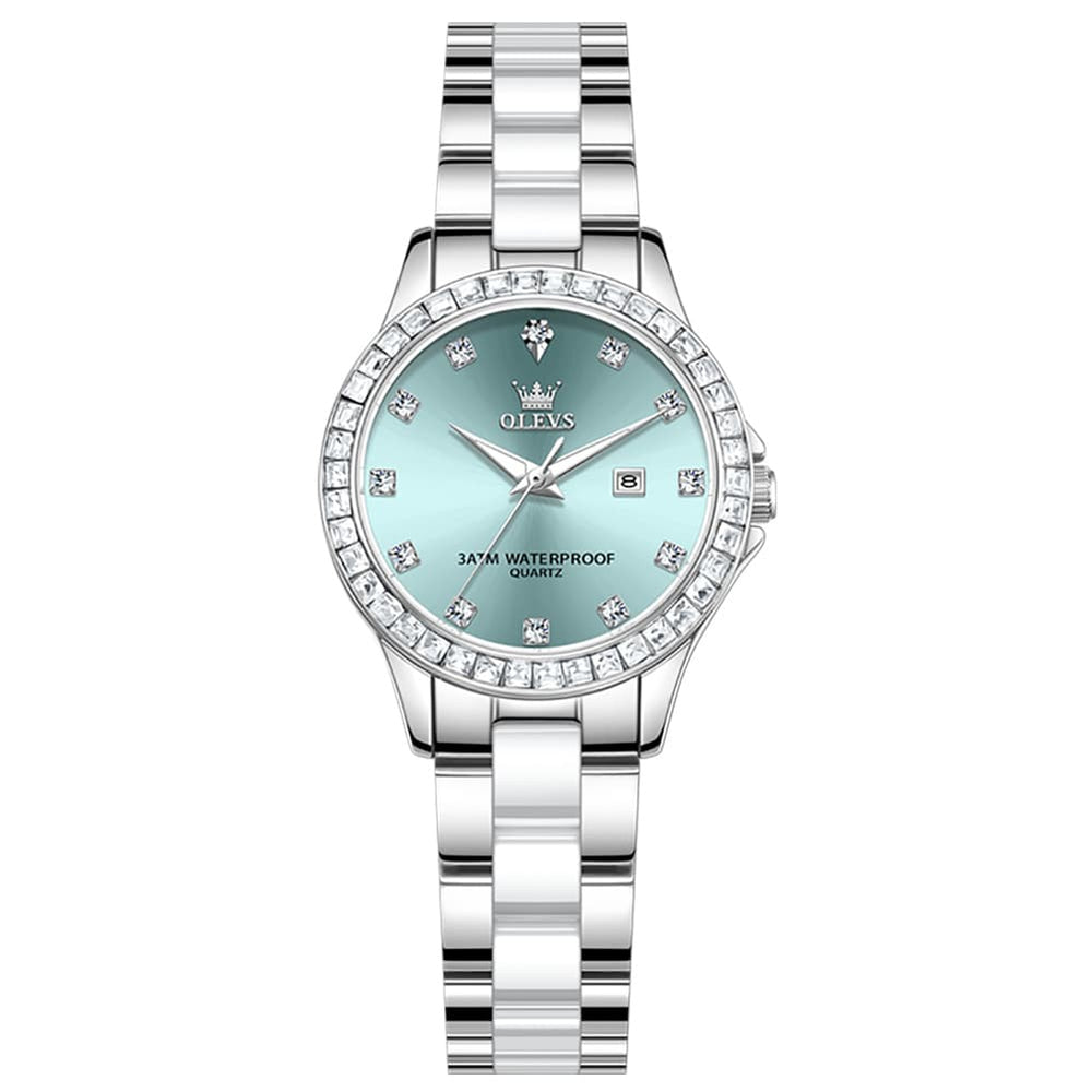 OLEVS 3651 Mother of Pearl Ceramic Crystal Diamond Watch For Women - Silver Mint Watch | Olevs Watch Store