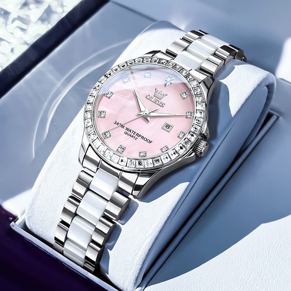 OLEVS 3651 Mother of Pearl Ceramic Crystal Diamond Watch For Women - Silver Pink Watch | Olevs Watch Store