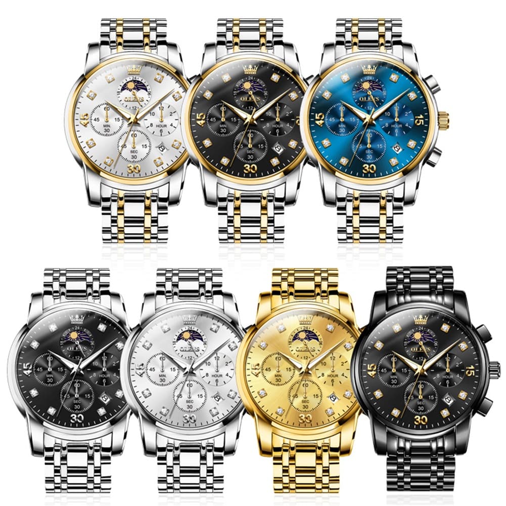 OLEVS 3652 Chronograph Moon Phase Diamond Dial Stainless Steel Watch For Men - All Black Watch | Olevs Watch Store