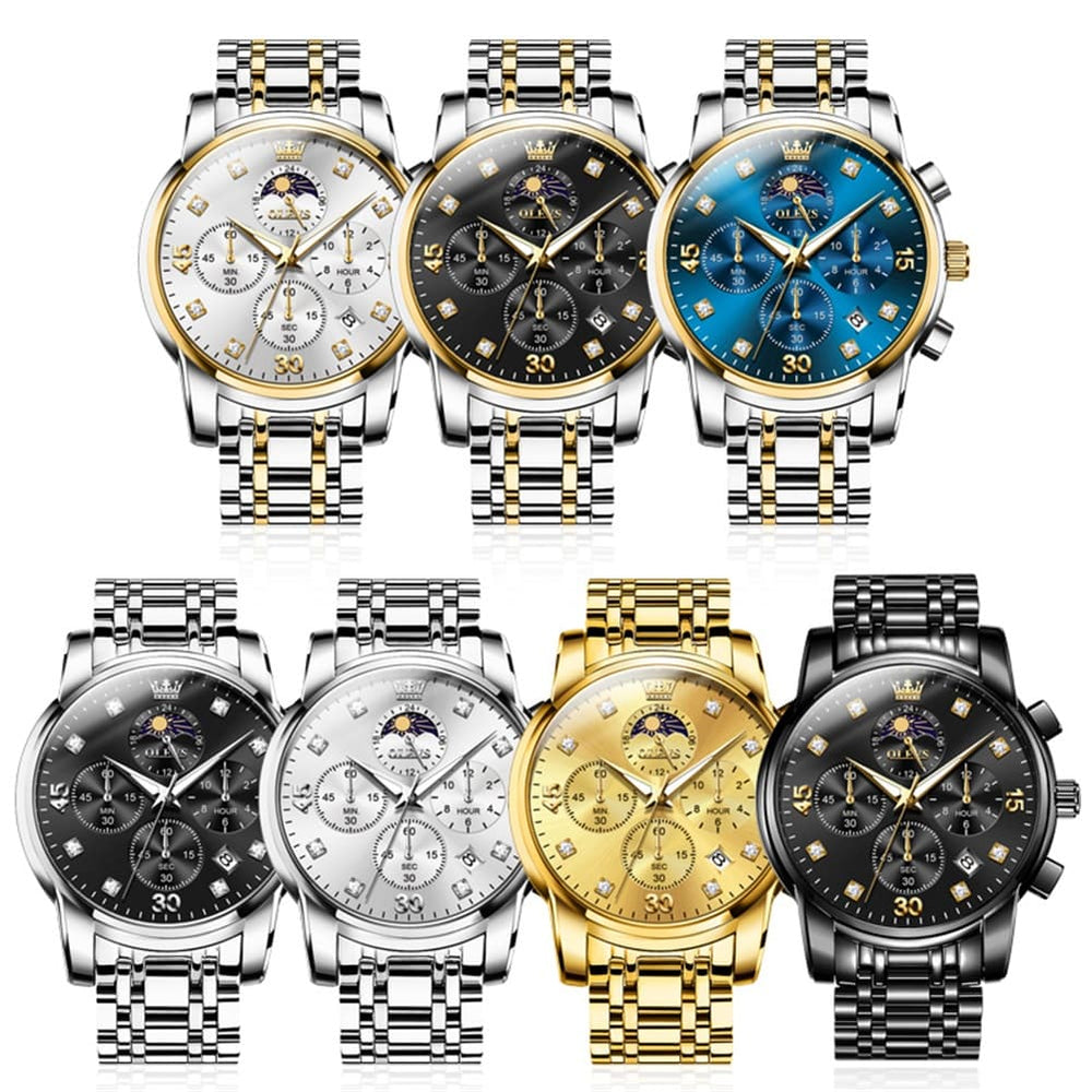 OLEVS 3652 Chronograph Moon Phase Diamond Dial Stainless Steel Watch For Men - All Black Watch | Olevs Watch Store