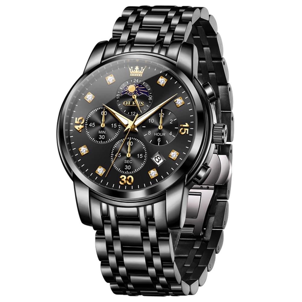 OLEVS 3652 Chronograph Moon Phase Diamond Dial Stainless Steel Watch For Men - All Black Watch | Olevs Watch Store