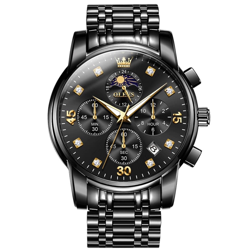 OLEVS 3652 Chronograph Moon Phase Diamond Dial Stainless Steel Watch For Men - All Black Watch | Olevs Watch Store