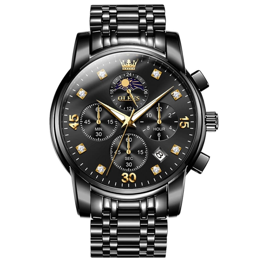 OLEVS 3652 Chronograph Moon Phase Diamond Dial Stainless Steel Watch For Men - All Black Watch | Olevs Watch Store