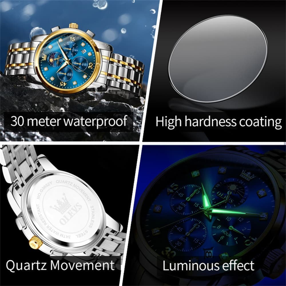 OLEVS 3652 Chronograph Moon Phase Diamond Dial Stainless Steel Watch For Men - All Black Watch | Olevs Watch Store
