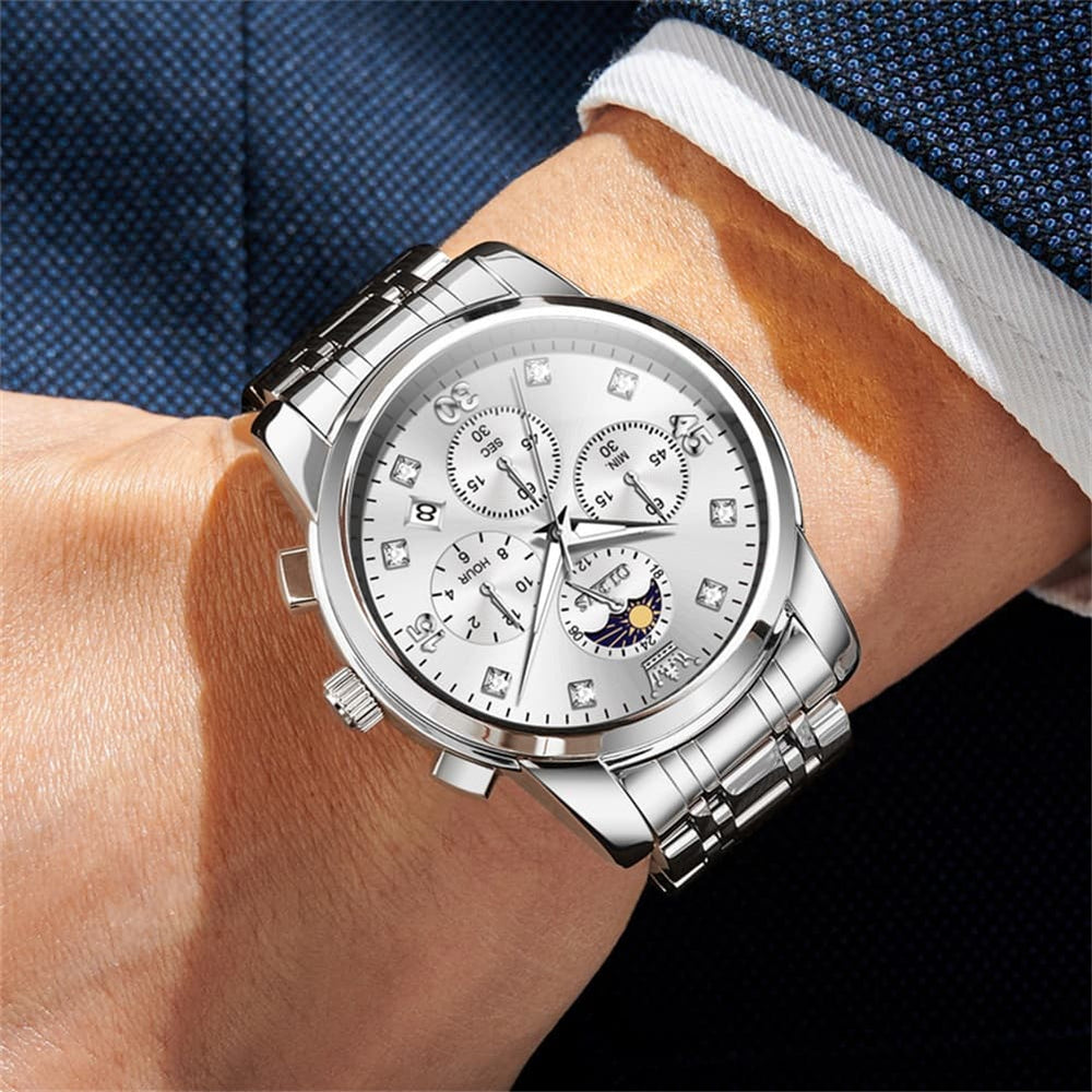 OLEVS 3652 Chronograph Moon Phase Diamond Dial Stainless Steel Watch For Men - All Black Watch | Olevs Watch Store