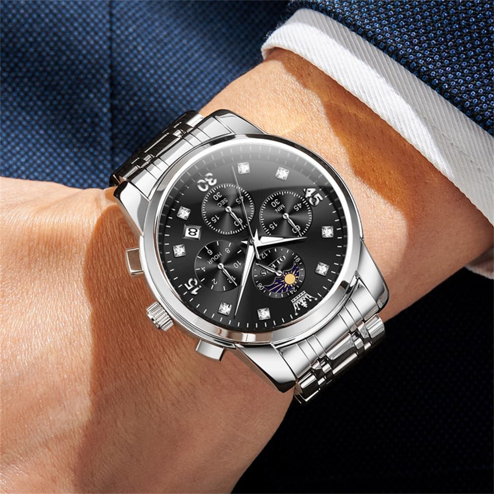 OLEVS 3652 Chronograph Moon Phase Diamond Dial Stainless Steel Watch For Men - All Black Watch | Olevs Watch Store