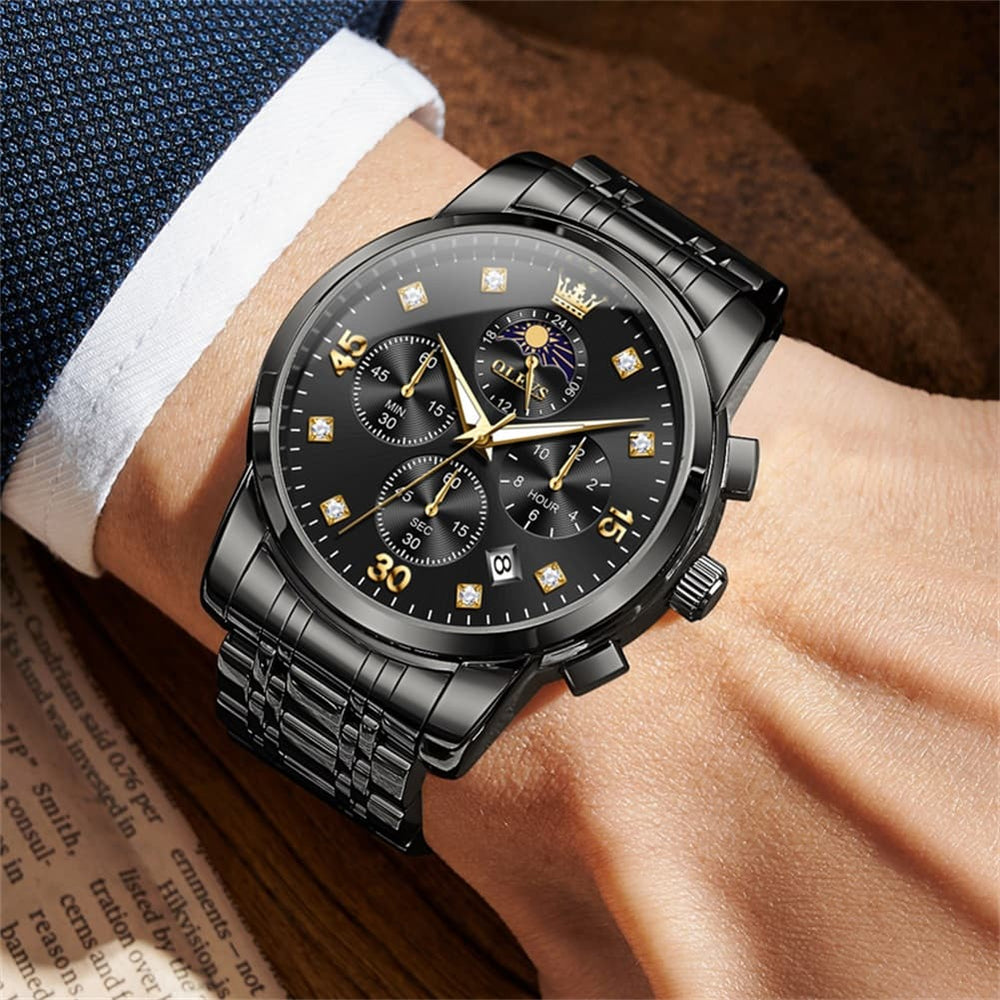 OLEVS 3652 Chronograph Moon Phase Diamond Dial Stainless Steel Watch For Men - All Black Watch | Olevs Watch Store