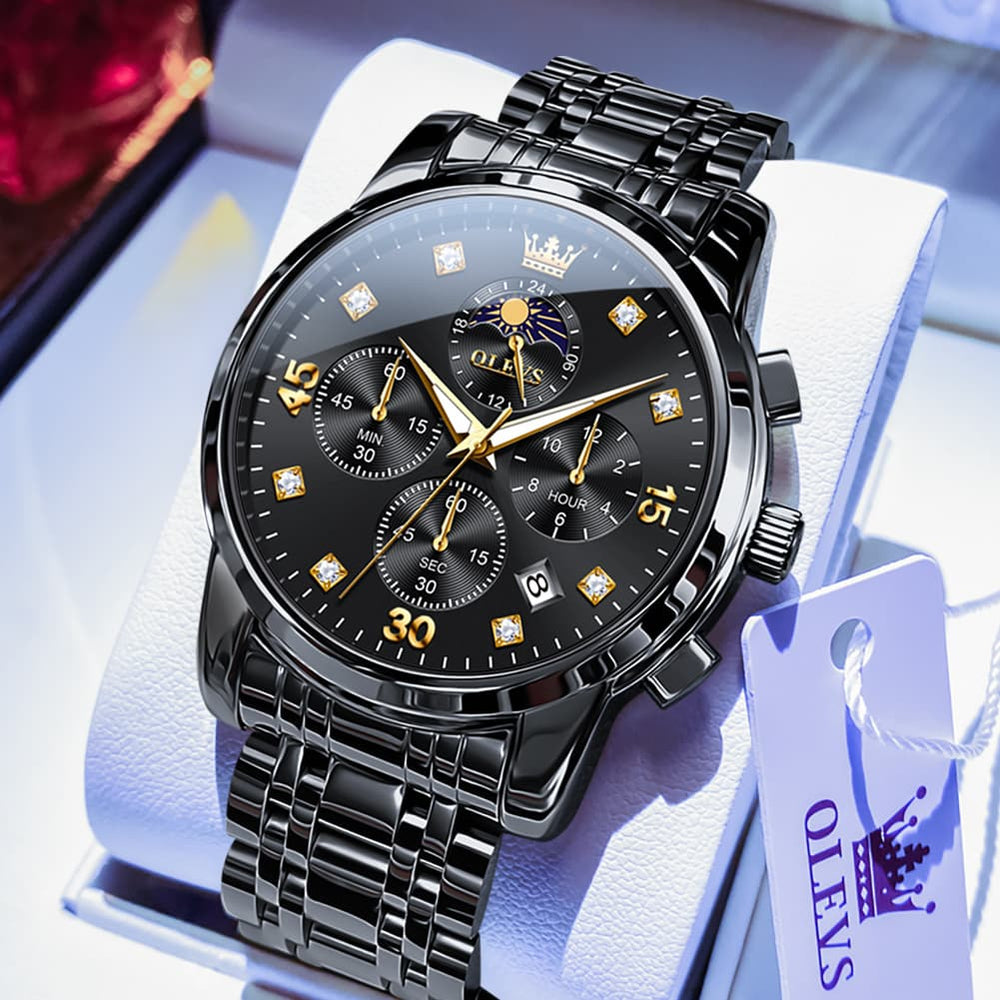 OLEVS 3652 Chronograph Moon Phase Diamond Dial Stainless Steel Watch For Men - All Black Watch | Olevs Watch Store