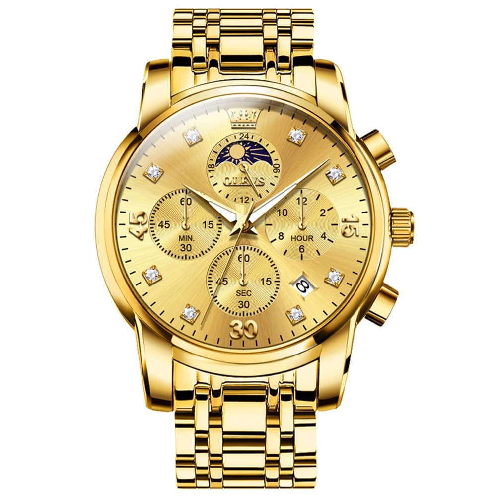 OLEVS 3652 Chronograph Moon Phase Diamond Dial Stainless Steel Watch For Men - All Gold Watch | Olevs Watch Store