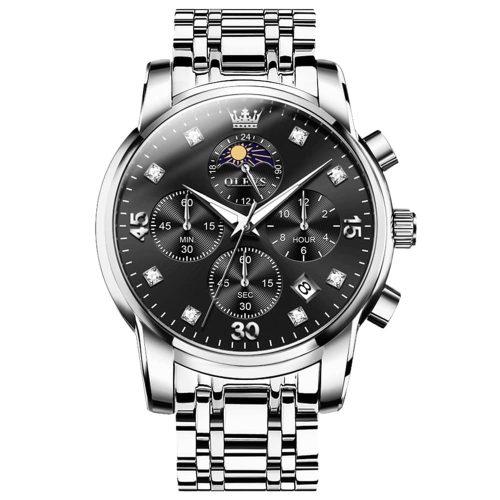 OLEVS 3652 Chronograph Moon Phase Diamond Dial Stainless Steel Watch For Men - Silver Black Watch | Olevs Watch Store