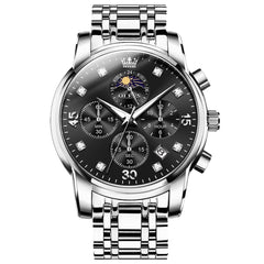 OLEVS 3652 Chronograph Moon Phase Diamond Dial Stainless Steel Watch For Men - Silver Black Watch | Olevs Watch Store