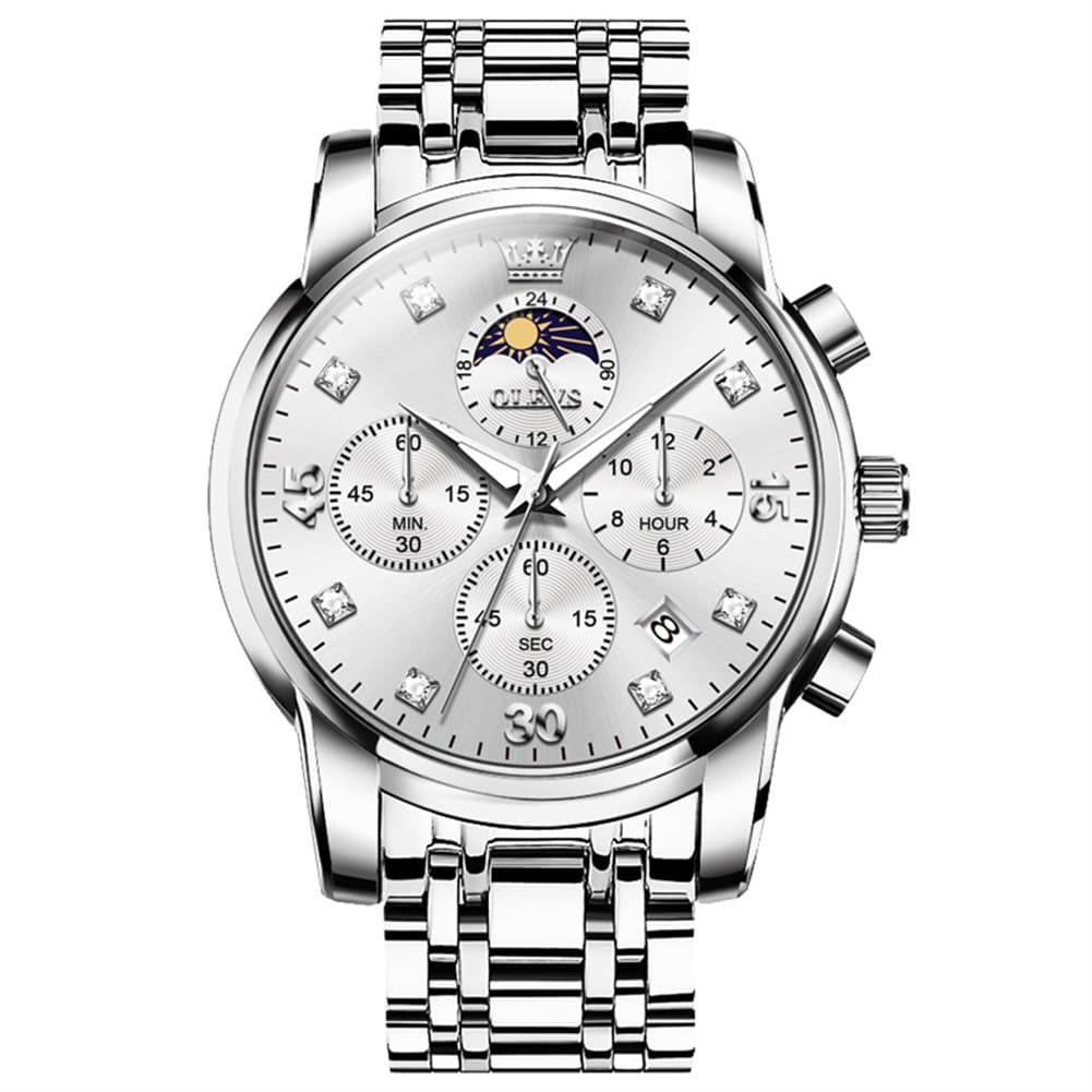 OLEVS 3652 Chronograph Moon Phase Diamond Dial Stainless Steel Watch For Men - Silver White Watch | Olevs Watch Store