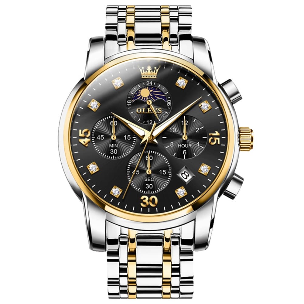 OLEVS 3652 Chronograph Moon Phase Diamond Dial Stainless Steel Watch For Men - Two Tone Black Watch | Olevs Watch Store