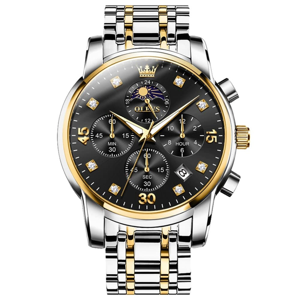 OLEVS 3652 Chronograph Moon Phase Diamond Dial Stainless Steel Watch For Men - Two Tone Black Watch | Olevs Watch Store