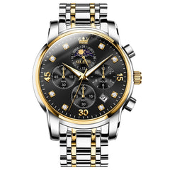 OLEVS 3652 Chronograph Moon Phase Diamond Dial Stainless Steel Watch For Men - Two Tone Black Watch | Olevs Watch Store