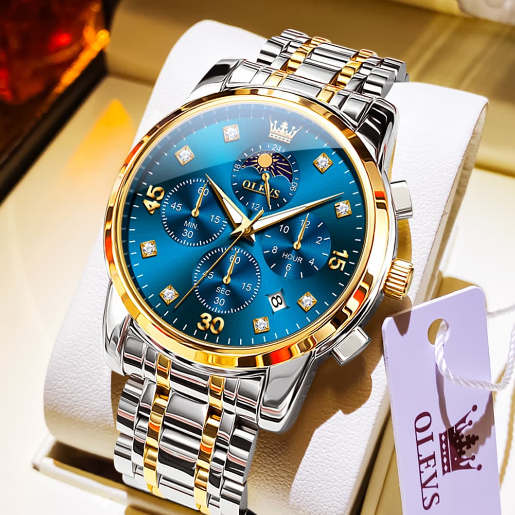 OLEVS 3652 Chronograph Moon Phase Diamond Dial Stainless Steel Watch For Men - Two Tone Blue Watch | Olevs Watch Store