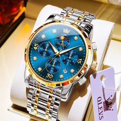 OLEVS 3652 Chronograph Moon Phase Diamond Dial Stainless Steel Watch For Men - Two Tone Blue Watch | Olevs Watch Store