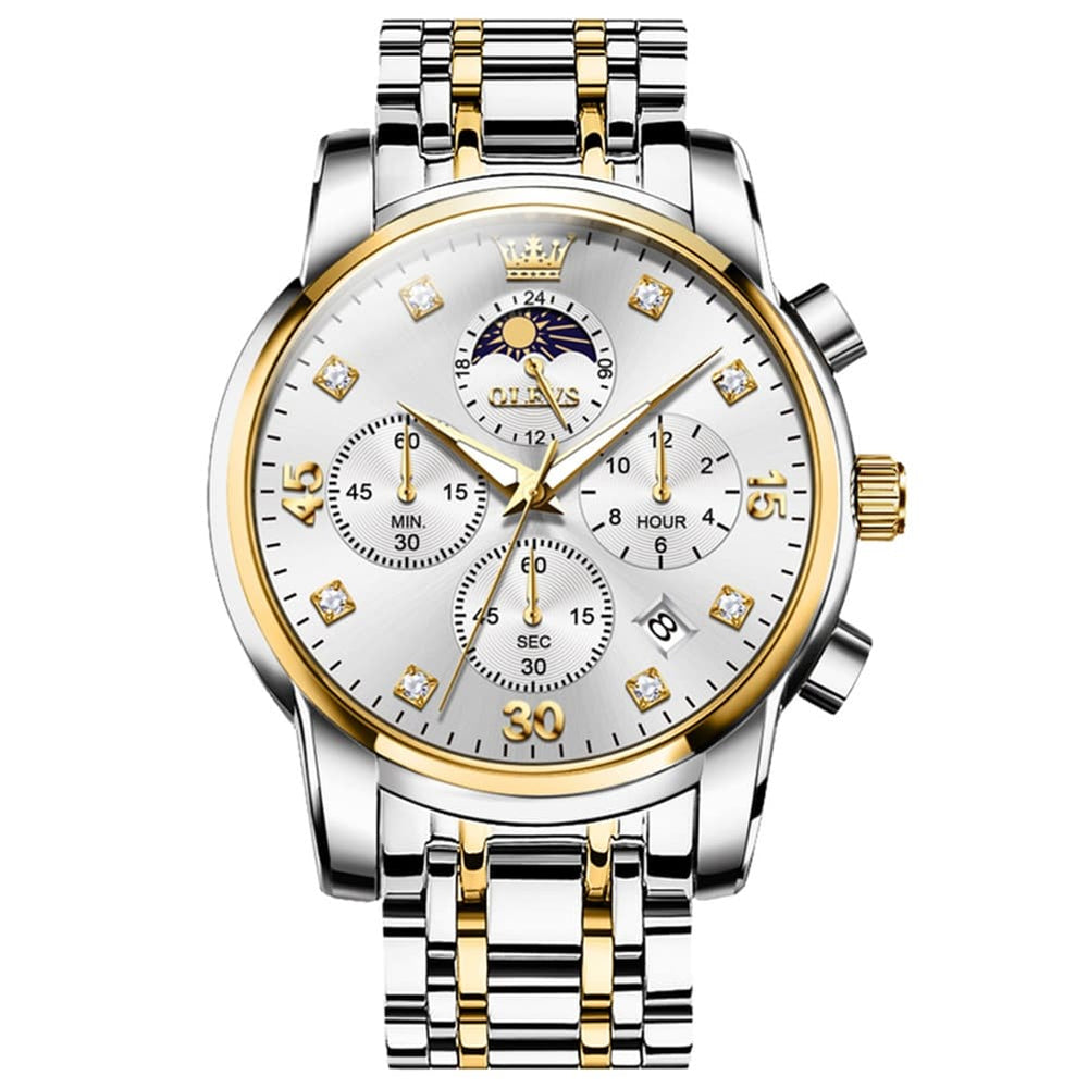 OLEVS 3652 Chronograph Moon Phase Diamond Dial Stainless Steel Watch For Men - Two Tone White Watch | Olevs Watch Store