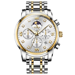 OLEVS 3652 Chronograph Moon Phase Diamond Dial Stainless Steel Watch For Men - Two Tone White Watch | Olevs Watch Store