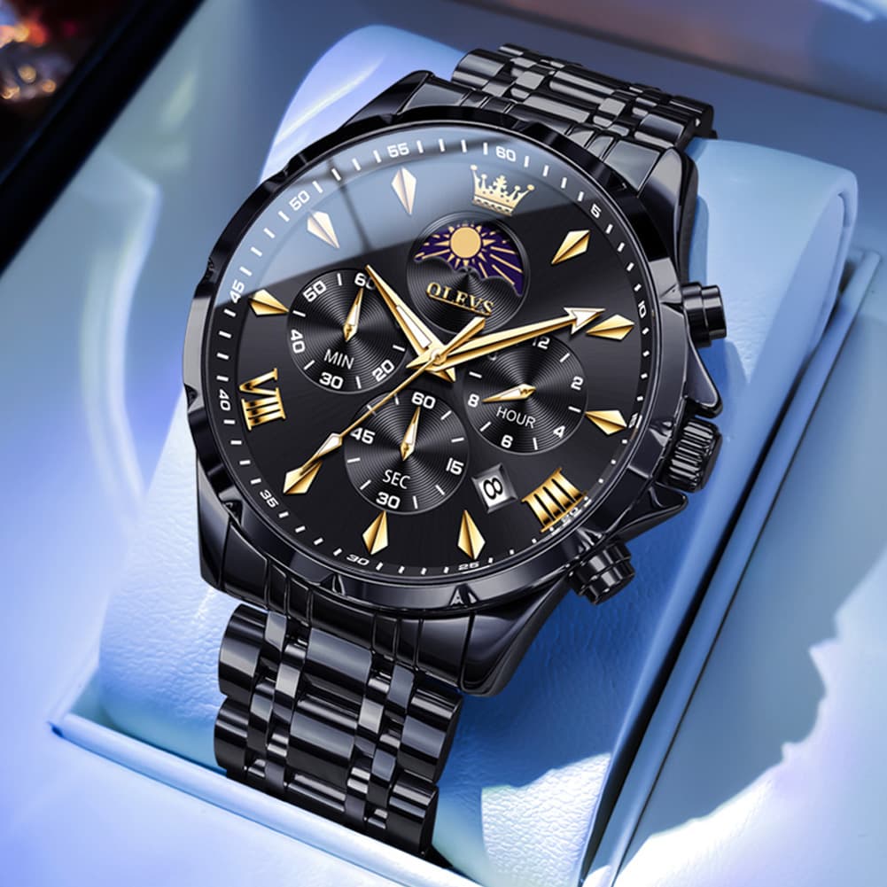OLEVS 3653 Chronograph Moon Phase Sporty Dial Stainless Steel Watch For Men - All Black Watch | Olevs Watch Store