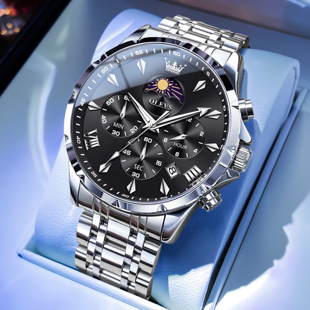 OLEVS 3653 Chronograph Moon Phase Sporty Dial Stainless Steel Watch For Men - Steel Black Watch | Olevs Watch Store