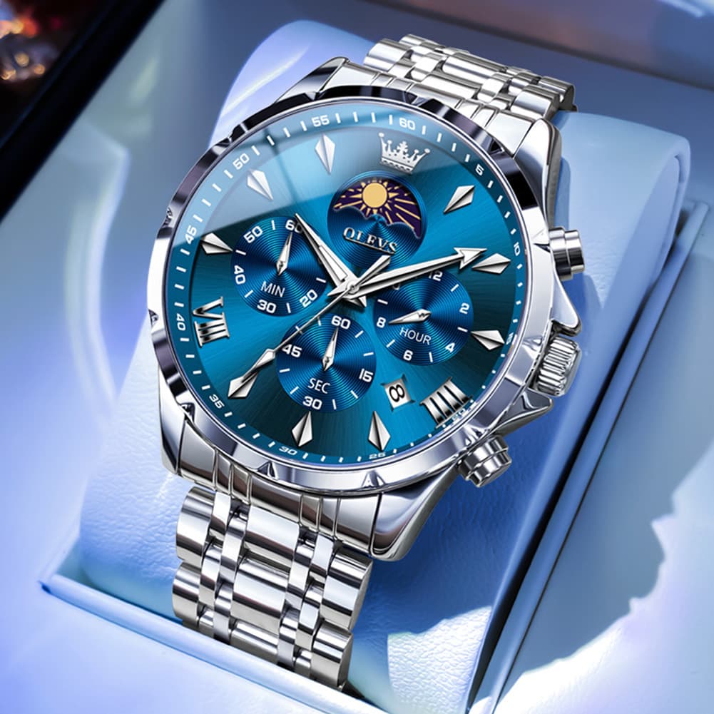OLEVS 3653 Chronograph Moon Phase Sporty Dial Stainless Steel Watch For Men - Steel Blue Watch | Olevs Watch Store