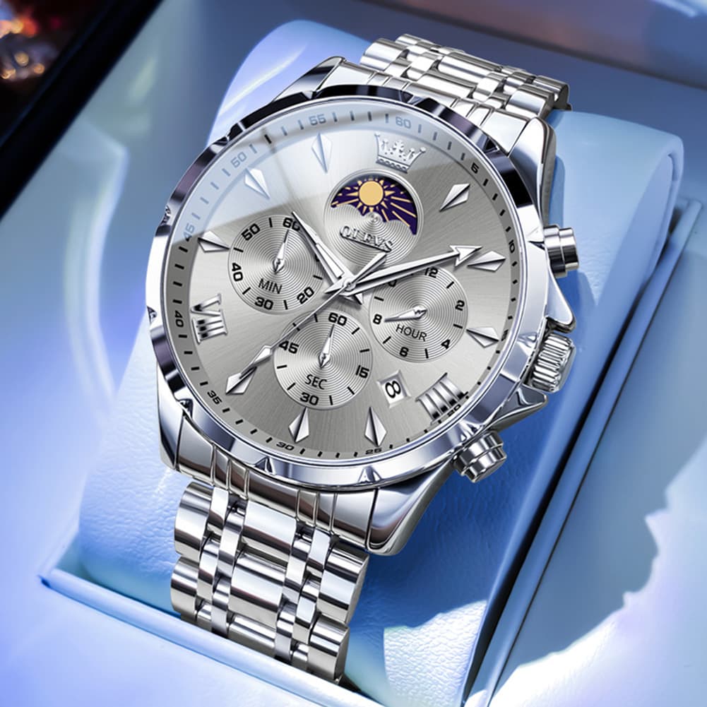 OLEVS 3653 Chronograph Moon Phase Sporty Dial Stainless Steel Watch For Men - Steel Grizzly Watch | Olevs Watch Store