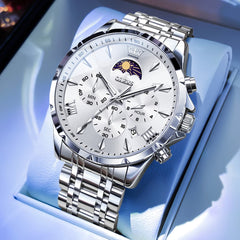 OLEVS 3653 Chronograph Moon Phase Sporty Dial Stainless Steel Watch For Men - Steel White Watch | Olevs Watch Store