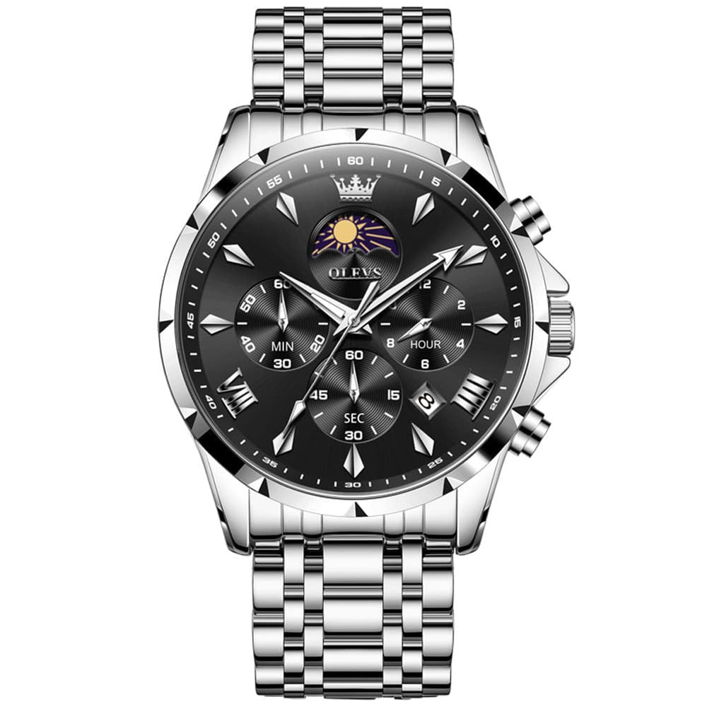 OLEVS 3653 Chronograph Moon Phase Sporty Dial Stainless Steel Watch For Men - Two Tone Blue Watch | Olevs Watch Store