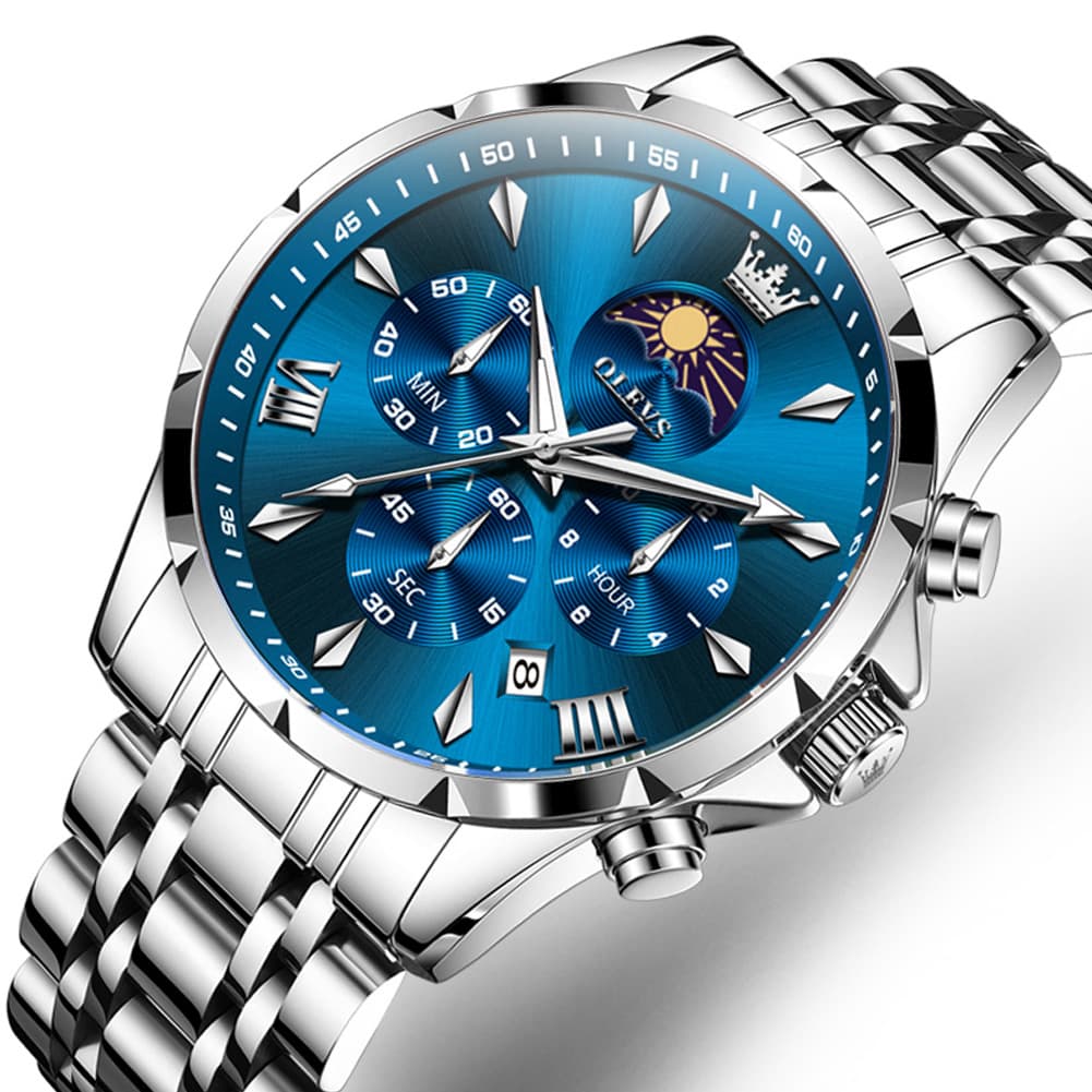 OLEVS 3653 Chronograph Moon Phase Sporty Dial Stainless Steel Watch For Men - Two Tone Blue Watch | Olevs Watch Store