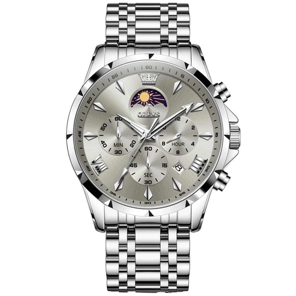 OLEVS 3653 Chronograph Moon Phase Sporty Dial Stainless Steel Watch For Men - Two Tone Blue Watch | Olevs Watch Store