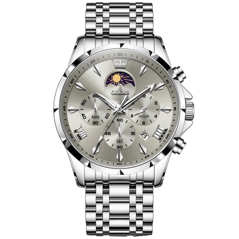 OLEVS 3653 Chronograph Moon Phase Sporty Dial Stainless Steel Watch For Men - Two Tone Blue Watch | Olevs Watch Store