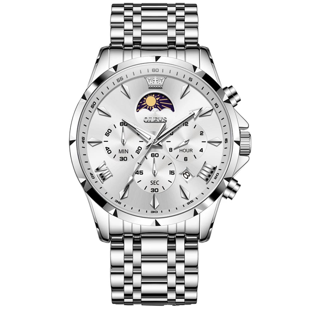 OLEVS 3653 Chronograph Moon Phase Sporty Dial Stainless Steel Watch For Men - Two Tone Blue Watch | Olevs Watch Store