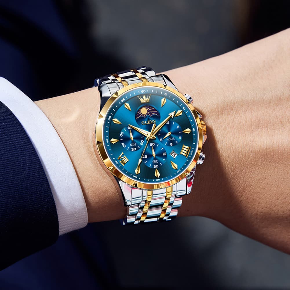 OLEVS 3653 Chronograph Moon Phase Sporty Dial Stainless Steel Watch For Men - Two Tone Blue Watch | Olevs Watch Store