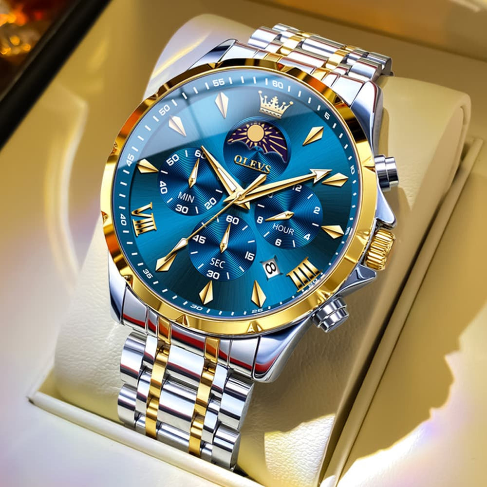 OLEVS 3653 Chronograph Moon Phase Sporty Dial Stainless Steel Watch For Men - Two Tone Blue Watch | Olevs Watch Store