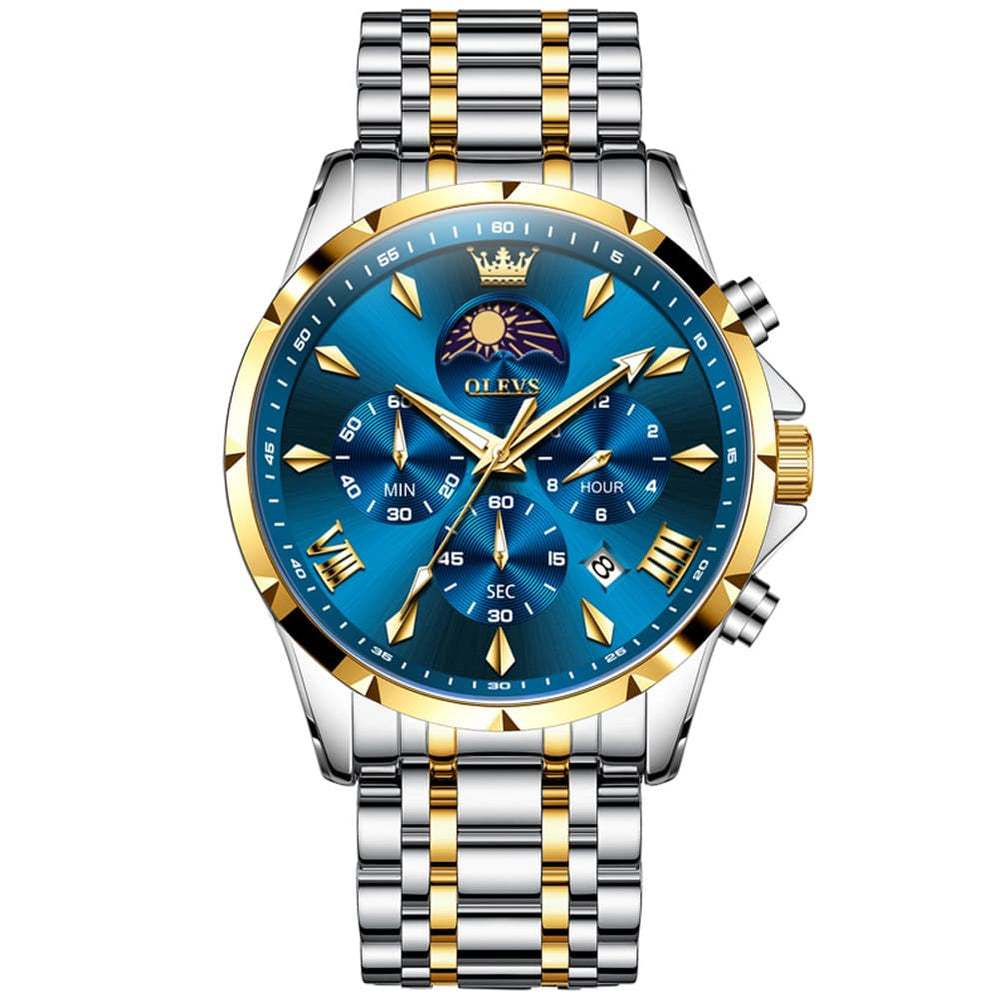 OLEVS 3653 Chronograph Moon Phase Sporty Dial Stainless Steel Watch For Men - Two Tone Blue Watch | Olevs Watch Store