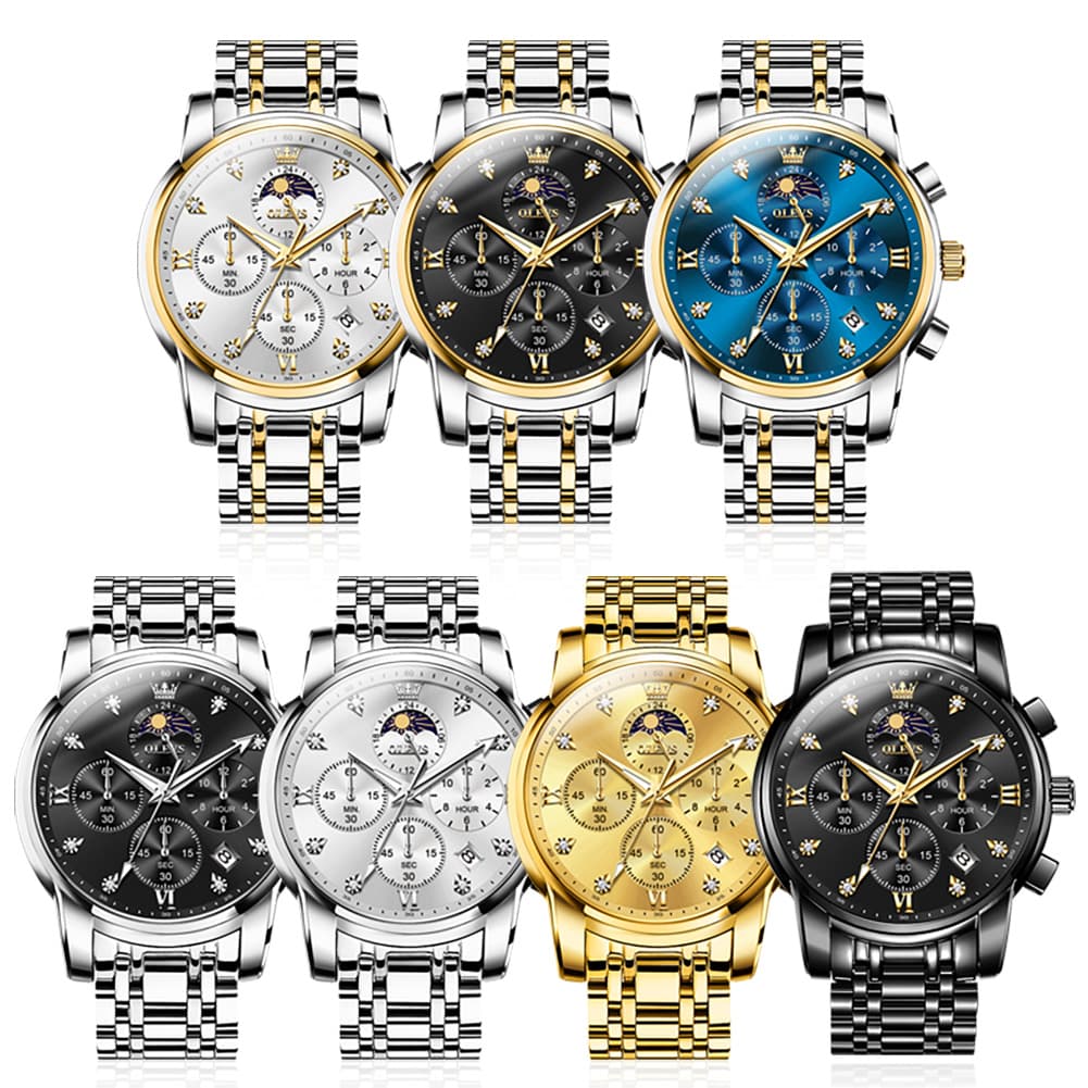 OLEVS 3655 Chronograph Moon Phase Roman Diamond Dial Stainless Steel Watch For Men - All Black Watch | Olevs Watch Store